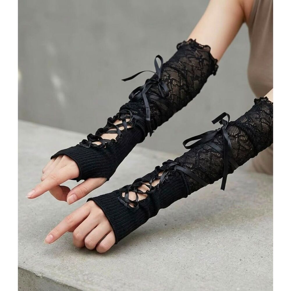 Y2K Aesthetic Fingerless Gloves Black Lace Up Arm Warmers